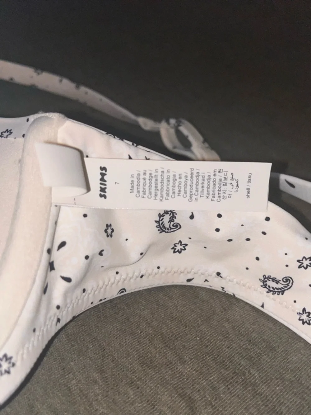 SKIMS White Bikini Top with Delicate Gray Floral Print
